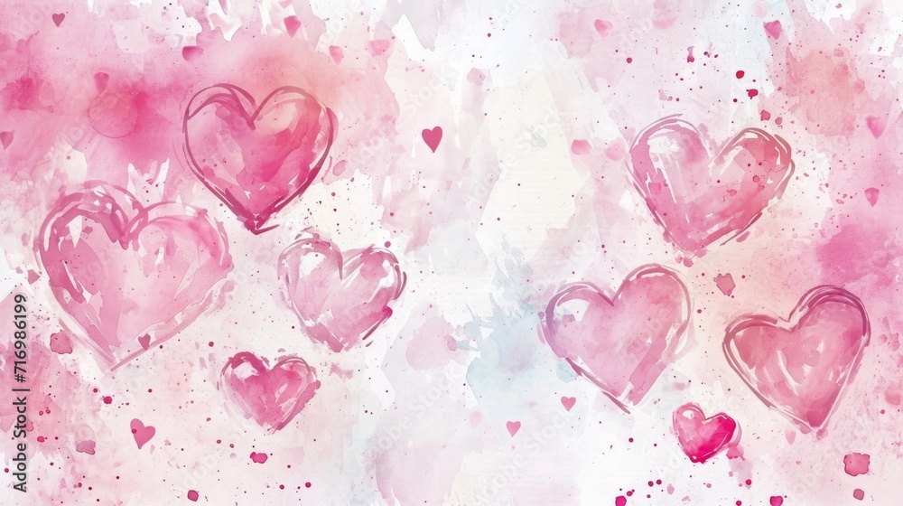 Watercolor hearts in shades of pink aligned on a watercolor background.