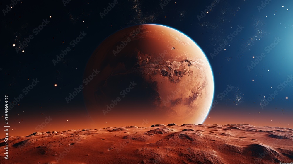 Arafed view of a planet with a red surface and a star in the background generative ai