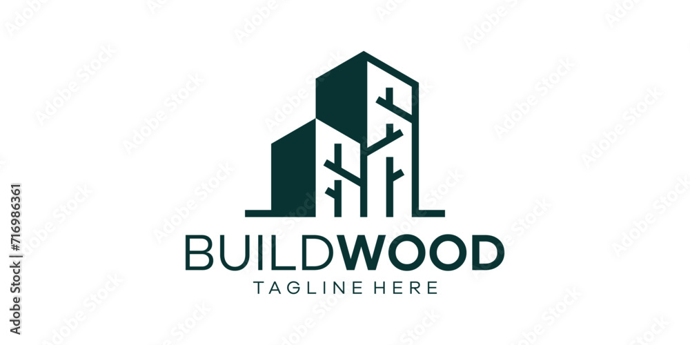 logo design combining the shape of a building with wood, minimalist line logo design. logo design combining the shape of a building with wood, minimalist line logo design.