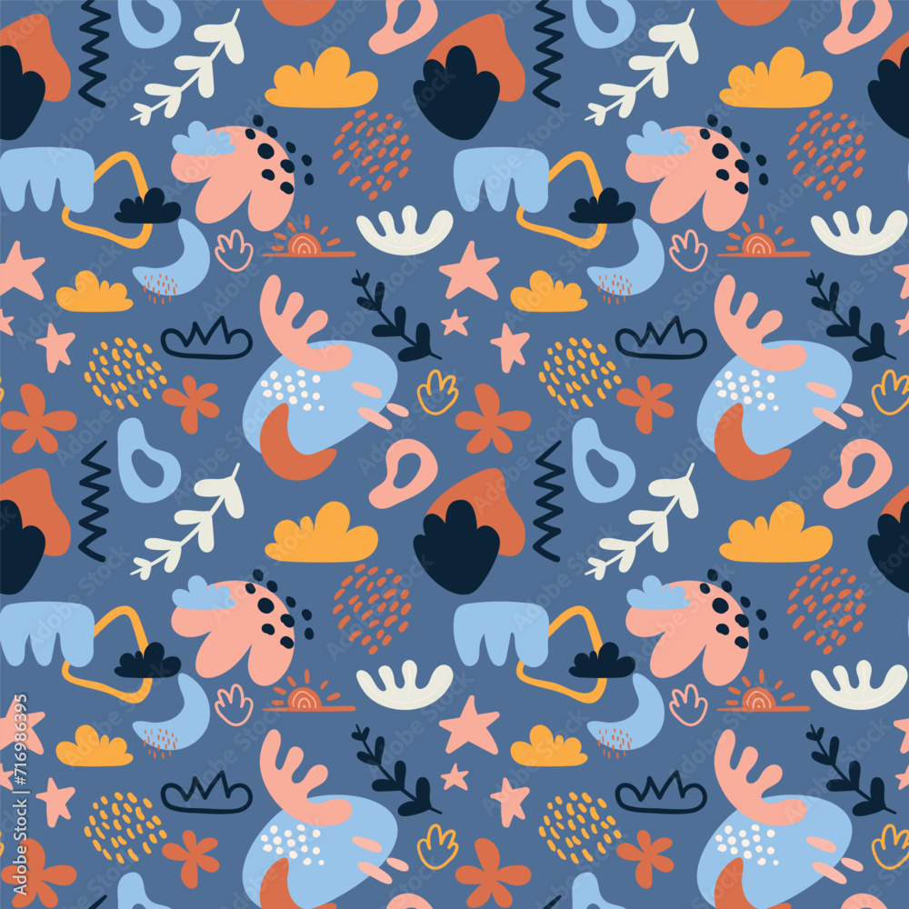 Hand draw flat matisse inspired pattern. Abstract doodle shapes seamless pattern. Modern art, minimal abstract shapes and brushes pattern design Hand draw flat matisse inspired pattern. Abstract doodle shapes seamless pattern. Modern art, minimal abstract shapes and brushes pattern design