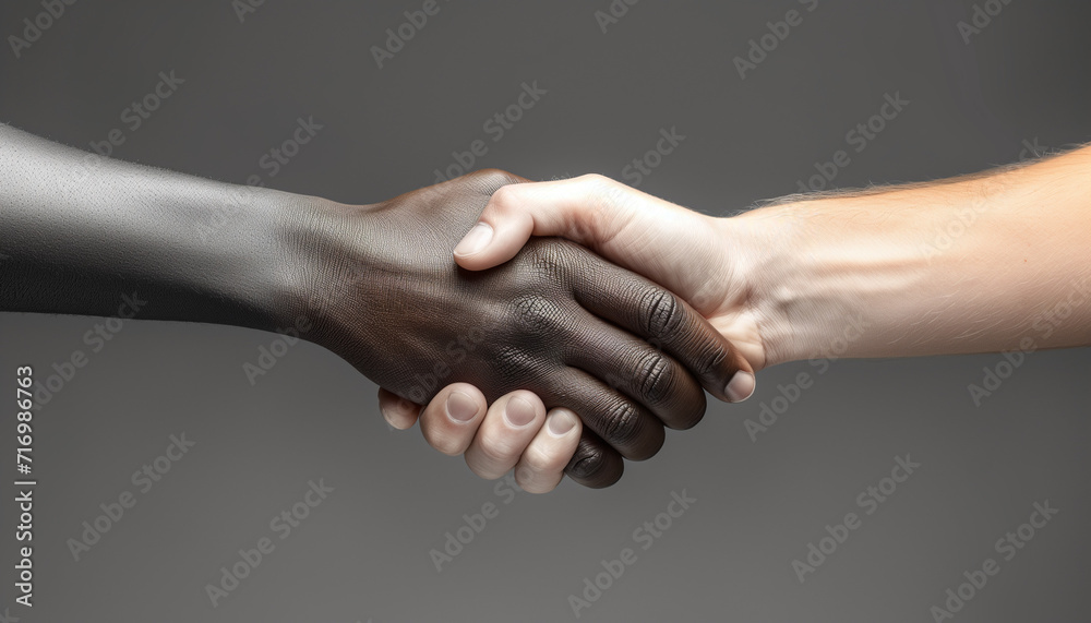 Racial discrimination. Handshake between a black and white human. Unity to Fight against racism and racial discrimination. Promotion of Equality diversity inclusion affirmative action - obrazy, fototapety, plakaty 