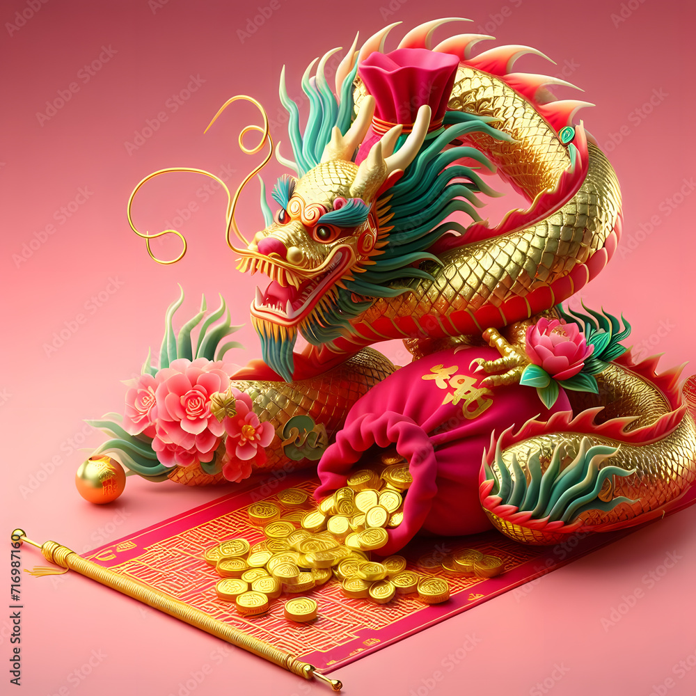 Chinese New Year  happy Dragon wrapping around a fortune bag full of gold 3d illustrations background