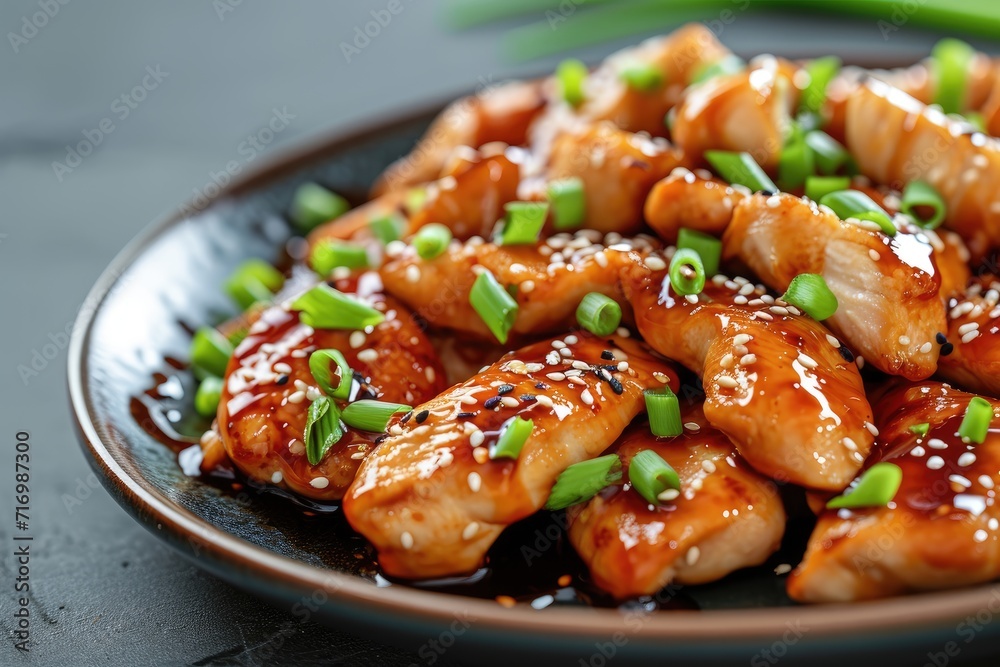 Chicken teriyaki made of chicken breast fillets, sweet Japanese wine, freshly grated ginger, soya sauce, green onions for garnish served in bowl Chicken teriyaki made of chicken breast fillets, sweet Japanese wine, freshly grated ginger, soya sauce, green onions for garnish served in bowl