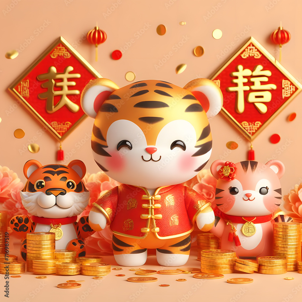 Chinese new year cute happy tiger gold coins Chinese Zodiac 3d Illustrations background