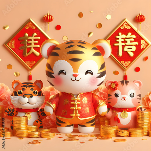 Chinese new year cute happy tiger gold coins Chinese Zodiac 3d Illustrations background © Abuhena