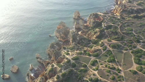 Aerial view of golden coast cliffs of portuguese southern beaches in Lagos City, Algarve, Portugal photo