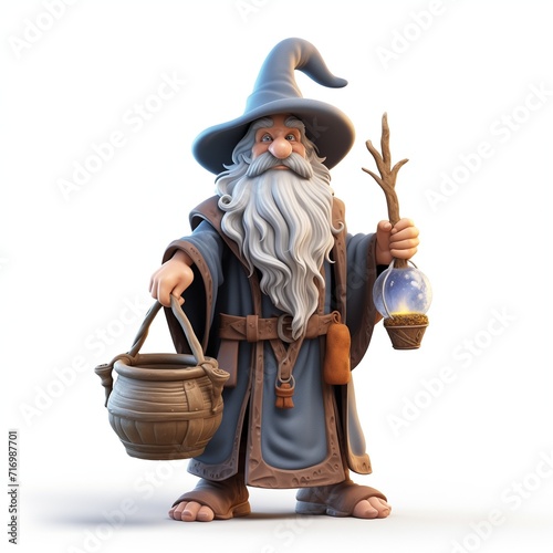 Fantasy wizard character in blue-grey robe, with a staff and glowing orb. Ideal for storybook and animation projects.