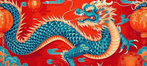 Vibrant Chinese dragon illustration with ornate lanterns and clouds, set against a red backdrop. Great for festive and cultural themes.