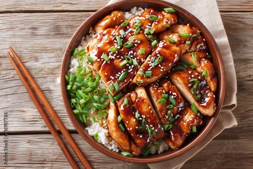 Chicken teriyaki made of chicken breast fillets, sweet Japanese wine, freshly grated ginger, soya sauce, green onions for garnish on a wooden table background