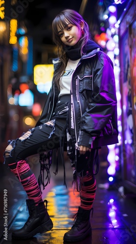 A Japanese girl with a radiant smile, dressed in a black bomber jacket, ripped jeans, and boots, poses against a solid purple background with floating neon lights. The vibrant colors create.