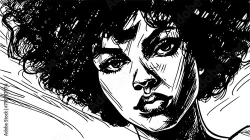 Woman portrait in hand drawing or engraving style. 60s styled beautiful comic book character in black and white.