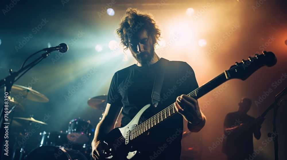 Obraz premium A_rock_band_is_performing_on_stage._Guitarist_bass_guitar ai generated 4k image