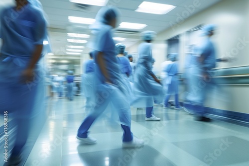 Dynamic Hospital Scene: Healthcare Professionals In Action, Donned In Blue Aprons