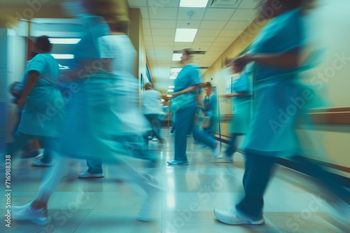 Hectic Hospital Scene With Healthcare Professionals In Motion, Wearing Blue Aprons