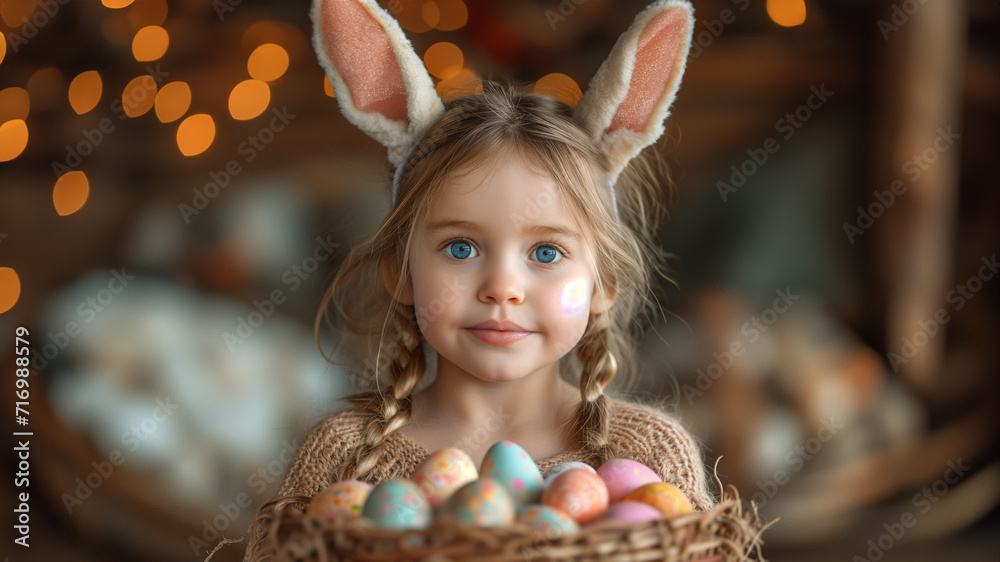 Portrait of a girl with a basket in her hands with Easter eggs. Easter holiday. Portrait of a girl with a basket in her hands with Easter eggs. Easter holiday.