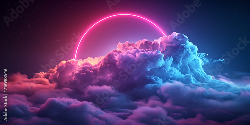 3d render, abstract cloud illuminated with neon light ring on dark night sky. Glowing geometric shape, round frame, generative ai