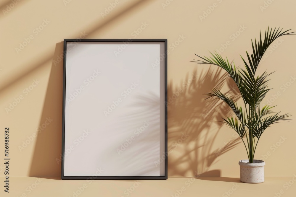 Minimalistic Mockup With Empty Picture Frame On Beige Wall Background Minimalistic Mockup With Empty Picture Frame On Beige Wall Background