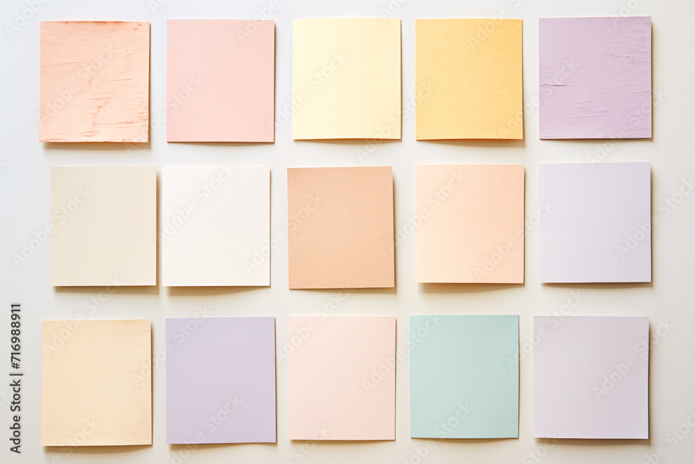 Pastel colored paper sheets on light background.