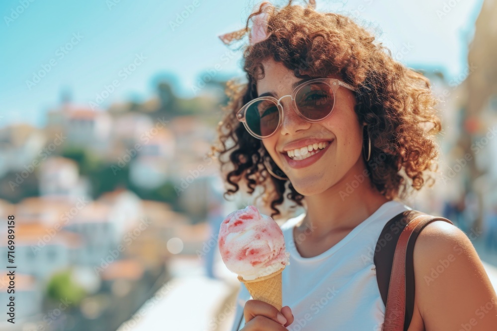 Fototapeta premium Smiling Tourist Indulges In Icy Treat While Adventuring Through Urban Landscape