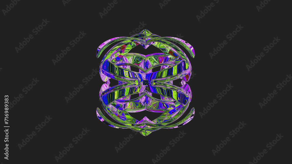 Centrally placed curved and very colorful artfully multi-layered textured abstract symmetrical shape - 3d illustration