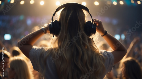 Modern caucasian blonde young woman dj in a music festival,day light 