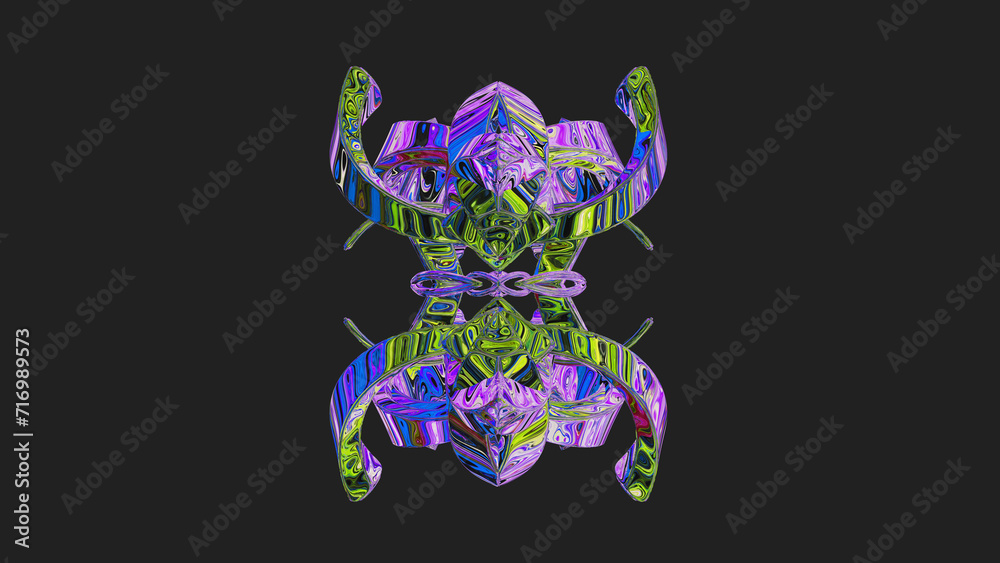 Centrally placed curved and very colorful artfully multi-layered textured abstract symmetrical shape - 3d illustration