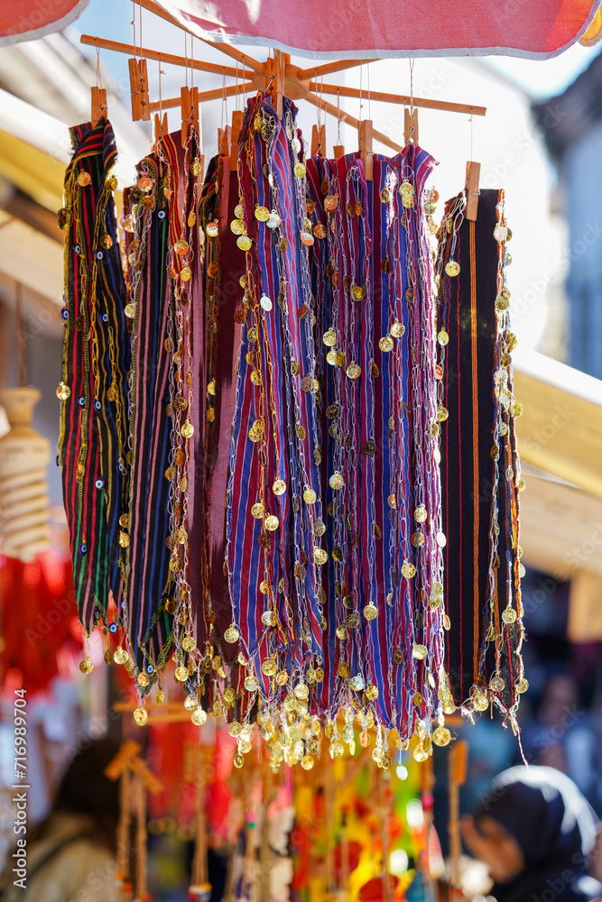 Colourful traditional Turkish souvenirs such as scarf, handkerchief, cloth stuffs, muffler, 