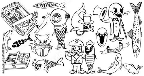 Set of sardines fish vintage hand drawn ink vector illustration. Canned food, Mermaid, captain  