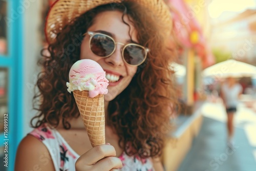 Tempting Invitation: Woman Presenting Ice Cream, Encouraging You To Indulge In A Sweet Escape