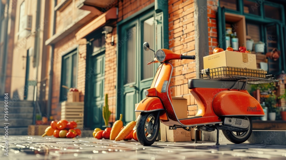 An orange scooter parked on the side of a street. Suitable for urban transportation and city lifestyle concepts