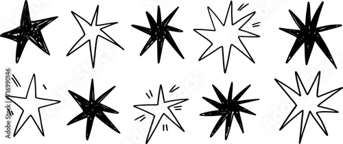 Hand Drawn star Scribble Doodle Sparkling Collection stencil mark sketches set.