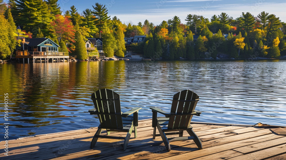 Background with lake, forest, mountain views with two wooden chairs on the pier and dock. Peaceful view against the beautiful blue sea, surrounded by green forests. high quality photos.house view.calm