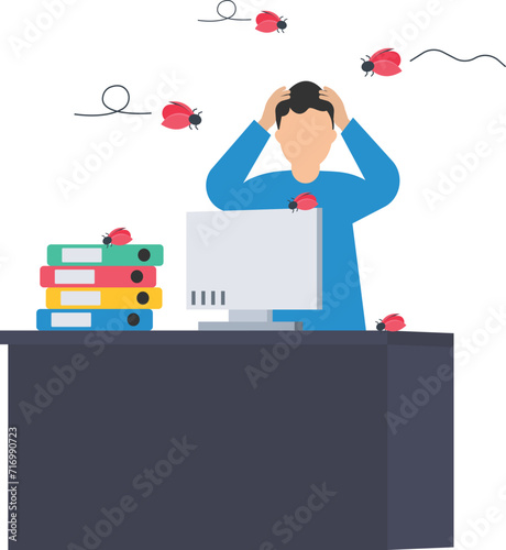 Distraction, social media or an environment that disturb and cannot focus on work, unproductive lifestyle, Human head with himself losing focus, Attention distracted by bugs flying around
