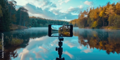 A cell phone sits on top of a tripod next to a serene lake. Perfect for capturing beautiful landscape photos. photo