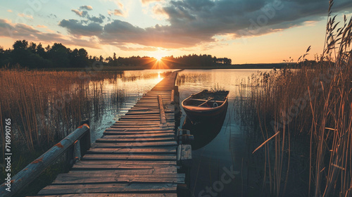 Sunset background with wooden old boat and wooden pier in the lake view. peaceful sunset. fishery. sunset among the clouds. Heartwarming high quality photos. evening in lake. photo