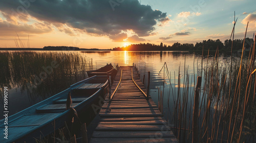 Sunset background with wooden old boat and wooden pier in the lake view. peaceful sunset. fishery. sunset among the clouds. Heartwarming high quality photos. evening in lake.