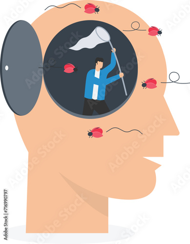 Distraction, social media or an environment that disturb and cannot focus on work, unproductive lifestyle, Human head with himself losing focus, Attention distracted by bugs flying around

