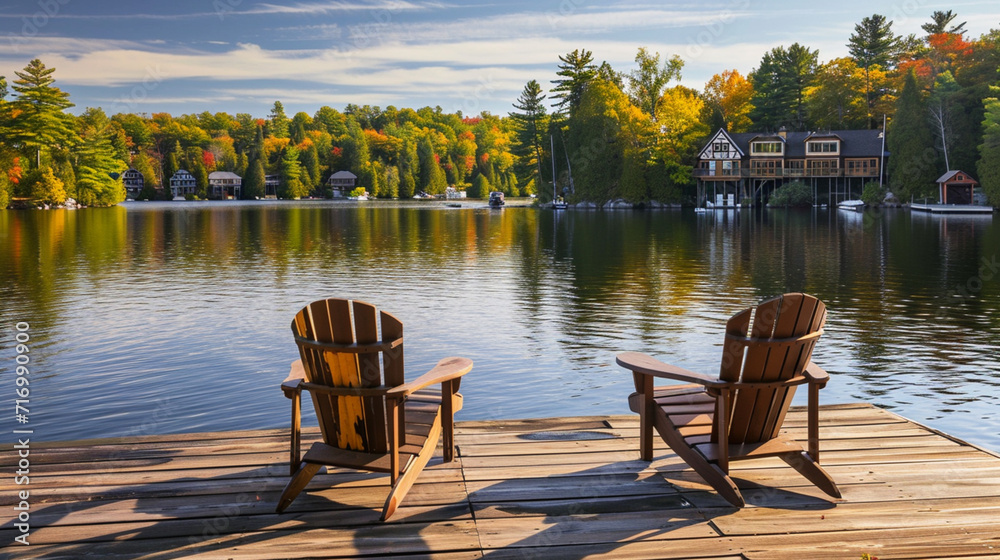 Fototapeta premium Background with lake, forest, mountain views with two wooden chairs on the pier and dock. Peaceful view against the beautiful blue sea, surrounded by green forests. high quality photos.house view.calm