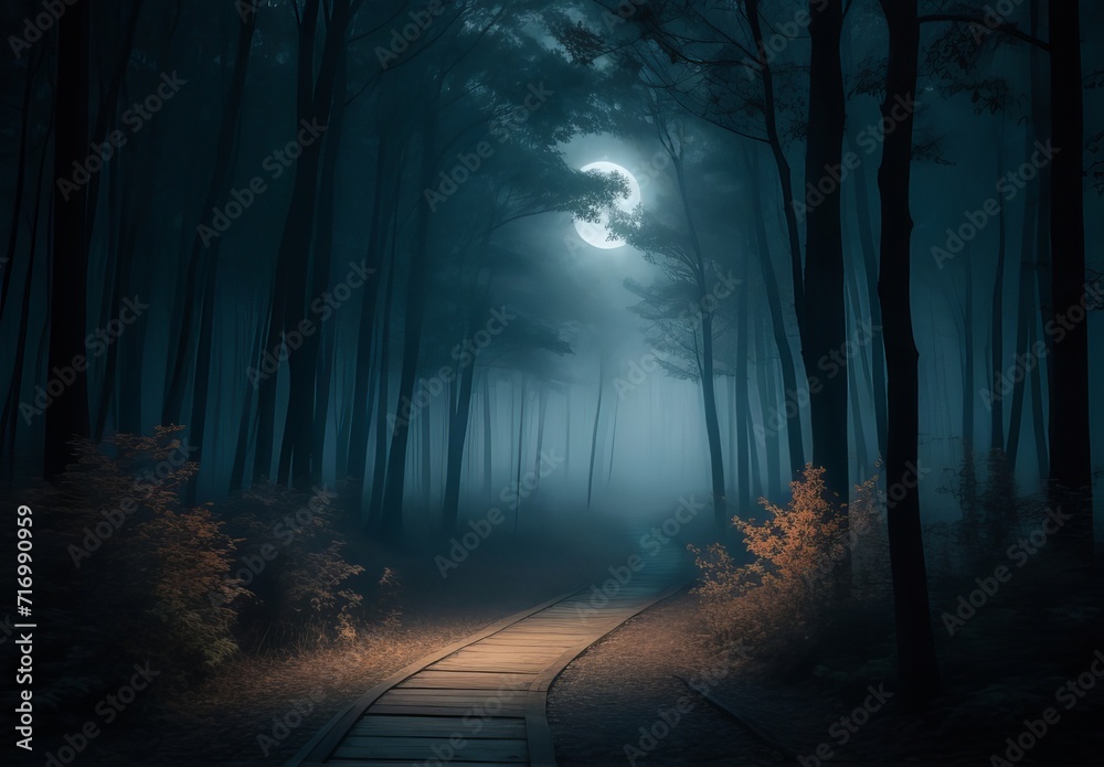 Obraz premium Mysterious forest with a moonlit path fog