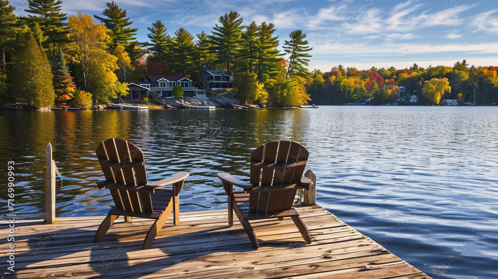 Fototapeta premium Background with lake, forest, mountain views with two wooden chairs on the pier and dock. Peaceful view against the beautiful blue sea, surrounded by green forests. high quality photos.house view.calm