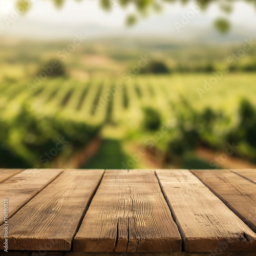 Empty wood table top with on blurred vineyard landscape background  for display or montage your products. 