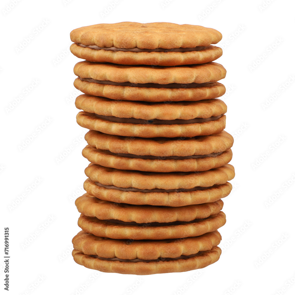 Stack of round sandwich cookies filled with chocolate cream isolated on transparent background. png isolated. Stack of round sandwich cookies filled with chocolate cream isolated on transparent background. png isolated.