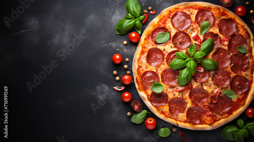 Pepperoni pizza with basil and tomatoes on a black background.