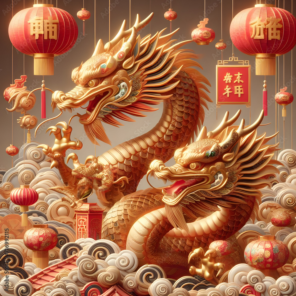 Happy Chinese New Year 2024 Year of the 3d golden dragon Chinese Zodiac background Illustration Happy Chinese New Year 2024 Year of the 3d golden dragon Chinese Zodiac background Illustration
