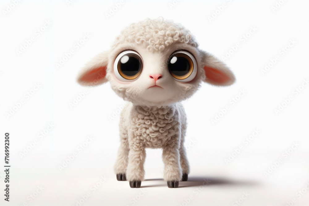Funny Portrait of surprised lamb with bulging big eyes on solid white background. ai generative