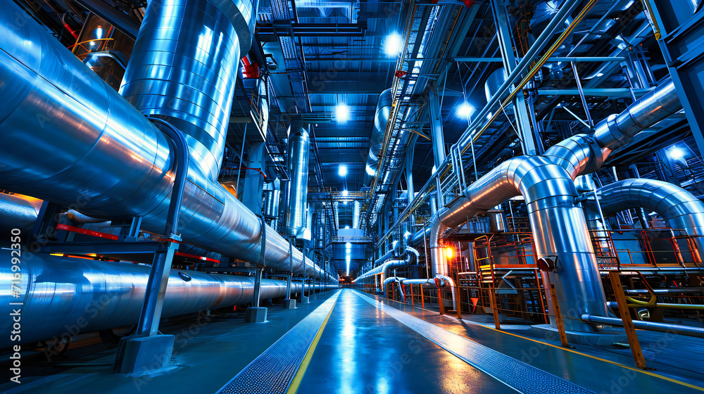 Industrial Steel Pipeline in a Factory: Engineering and Power Plant with Technology Elements