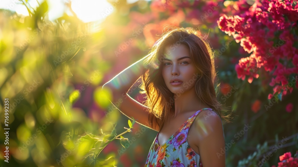 Beautiful young woman surrounded by colorful flowers in a lush, sunny garden. Beautiful young woman surrounded by colorful flowers in a lush, sunny garden.