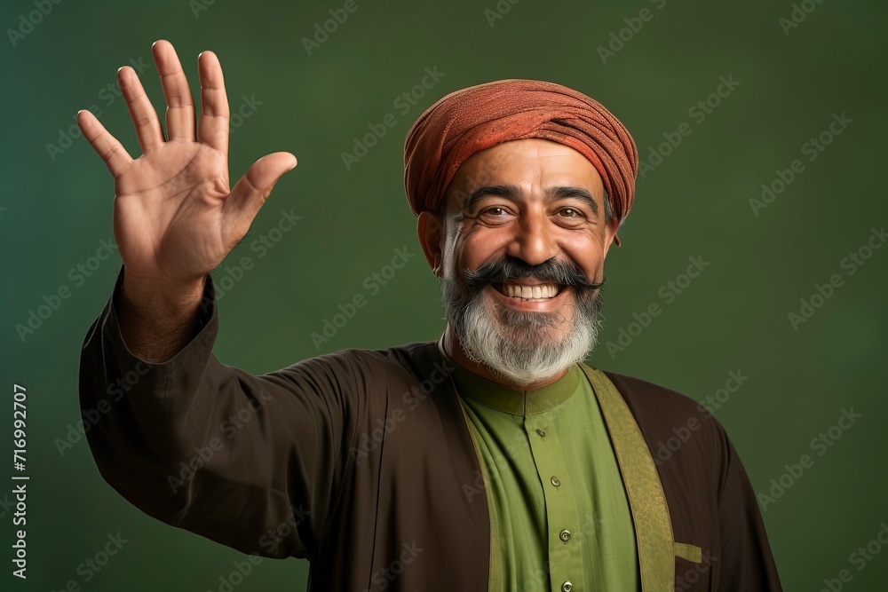 a muslim man poses greetings on green background with generative ai a muslim man poses greetings on green background with generative ai