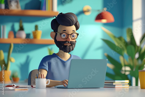 3d illustration of A freelancer man works behind a laptop and home background. Home office workplace. photo