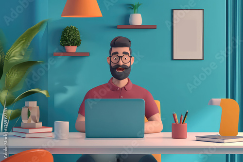 3d illustration of A freelancer man works behind a laptop and home background. Home office workplace.